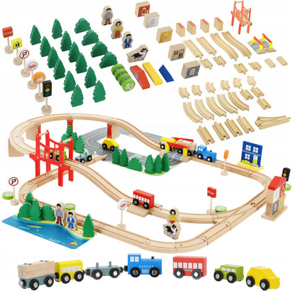 Koka vilciena komplekts ar sliedēm LandToys 92 gab.